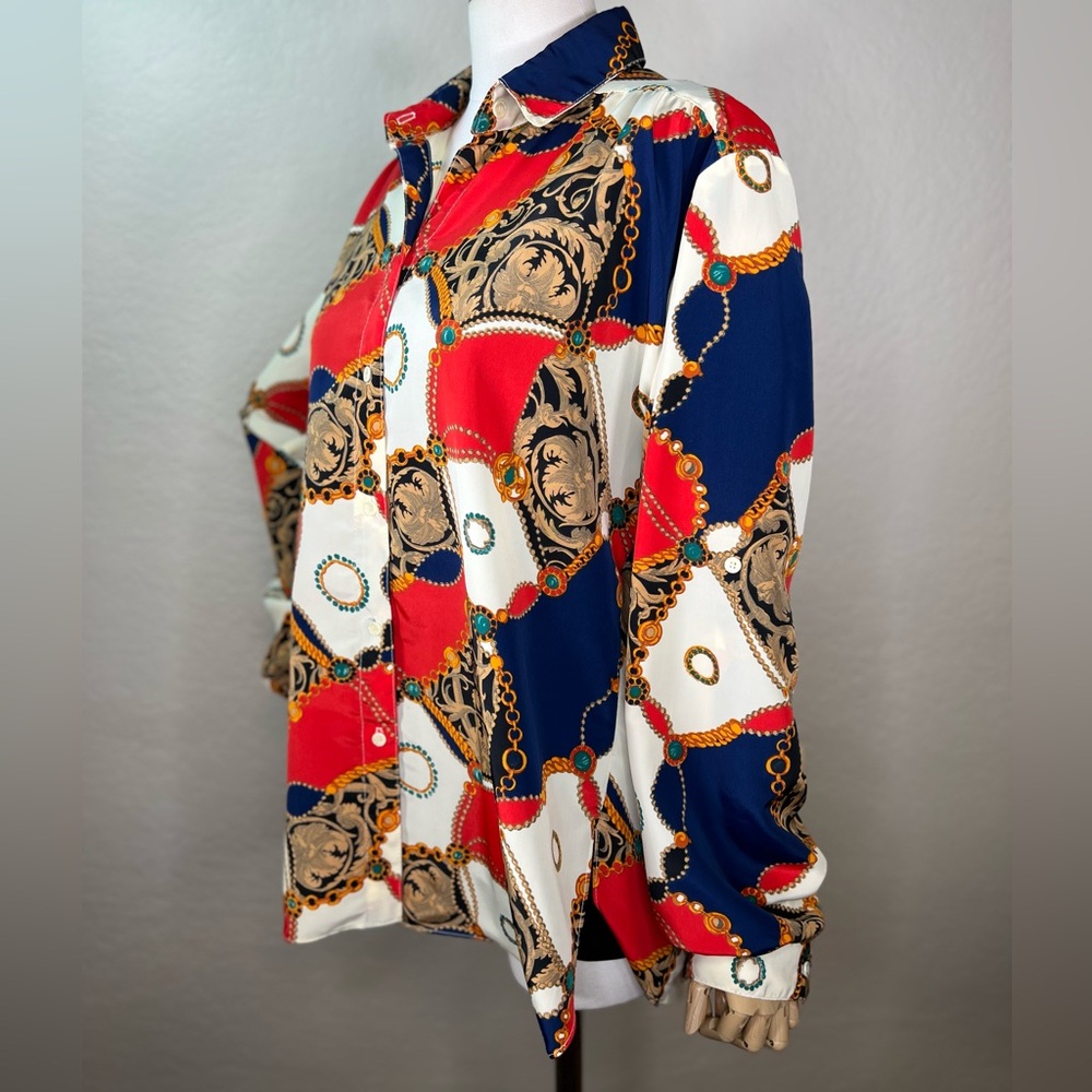 Vintage All Hours Baroque Style Printed Blouse Shirt Size Large EUC